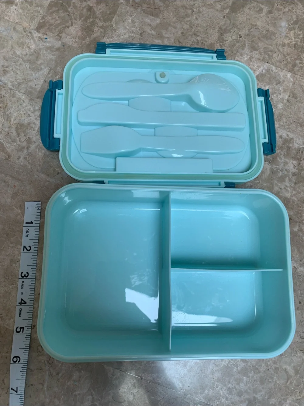 Cute Aqua Blue Lunch Box. NOT included tableware. Pre-Owned. Standard size.